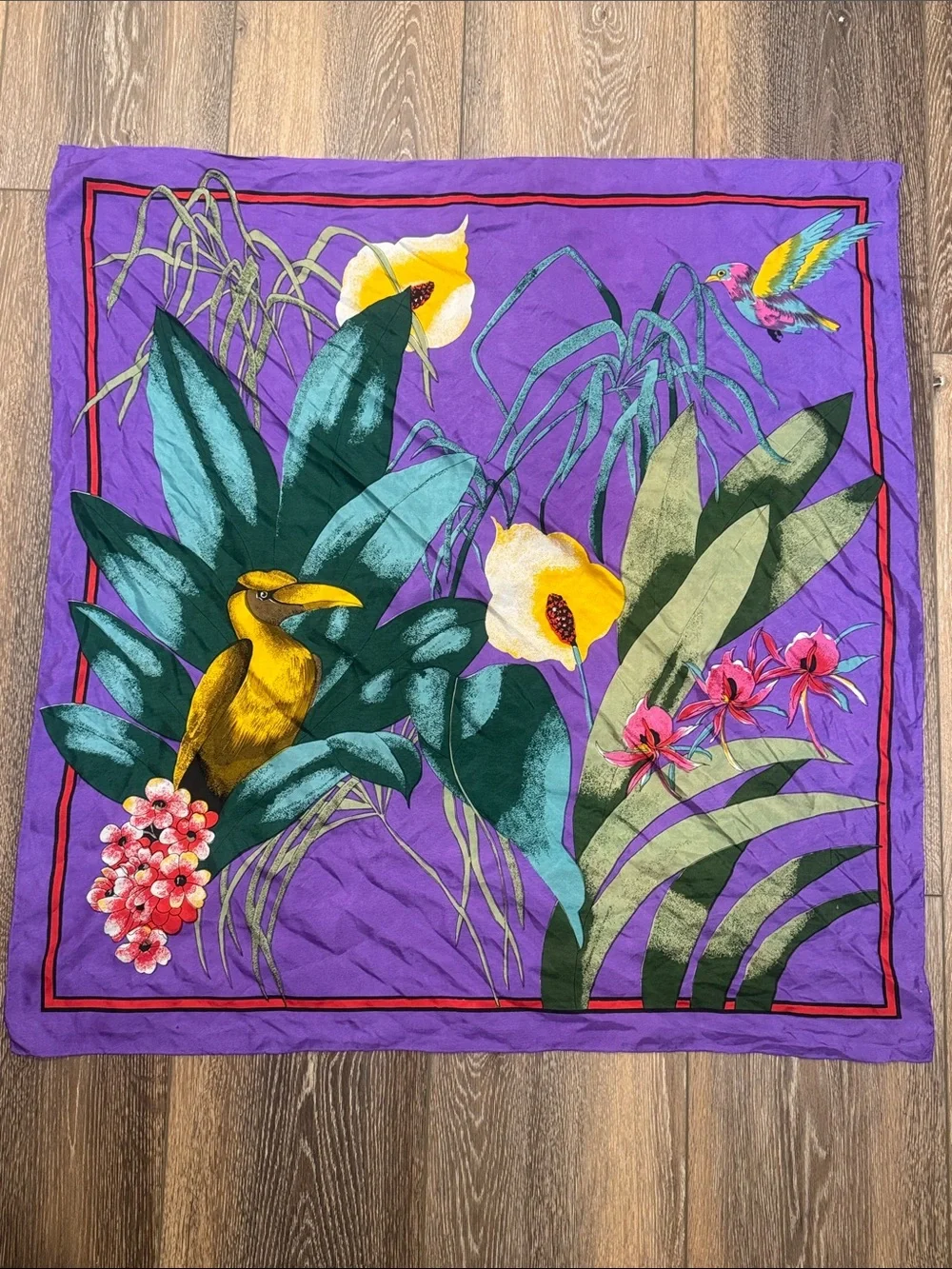 Vintage 1980s Tropical Bird & Floral Purple Silk Scarf
